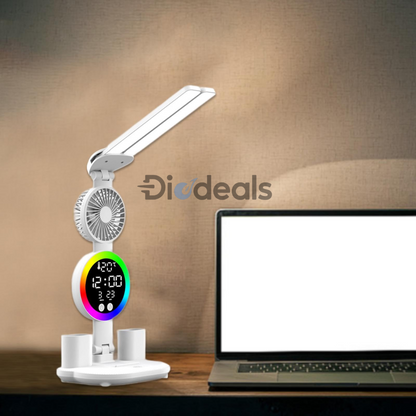 Lampara Multifuncional! 5 en 1 FRESH (Luz LED + Iluminación a 3 modos distintos + Ventilador + Reloj Plegado + Porta accesorios)