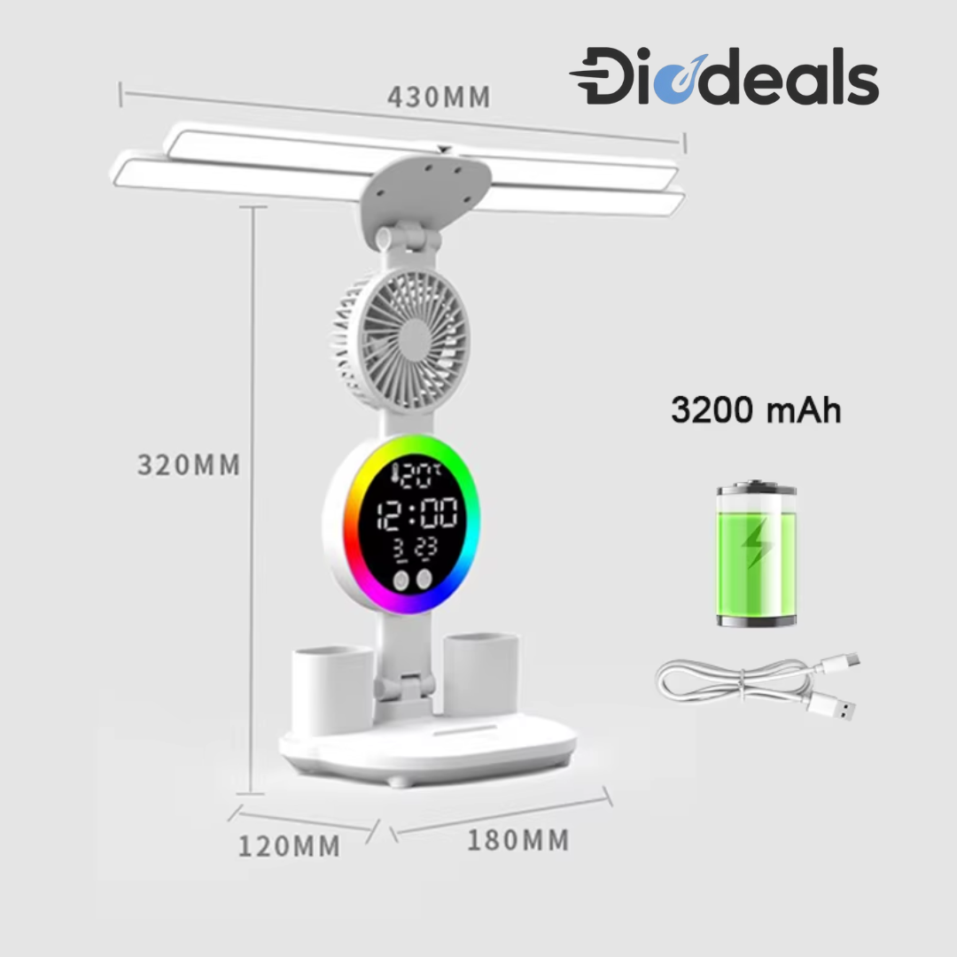 Lampara Multifuncional! 5 en 1 FRESH (Luz LED + Iluminación a 3 modos distintos + Ventilador + Reloj Plegado + Porta accesorios)