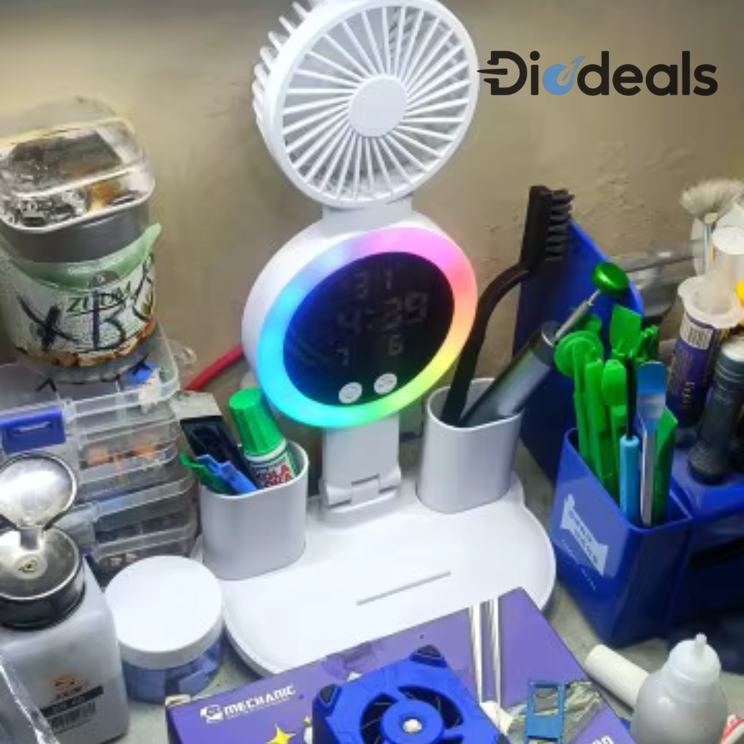 Lampara Multifuncional! 5 en 1 FRESH (Luz LED + Iluminación a 3 modos distintos + Ventilador + Reloj Plegado + Porta accesorios)
